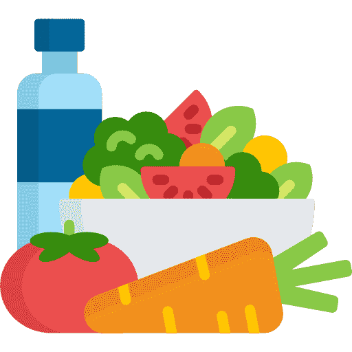 Logo of balanced diet with water, fruits, tomato and carrot